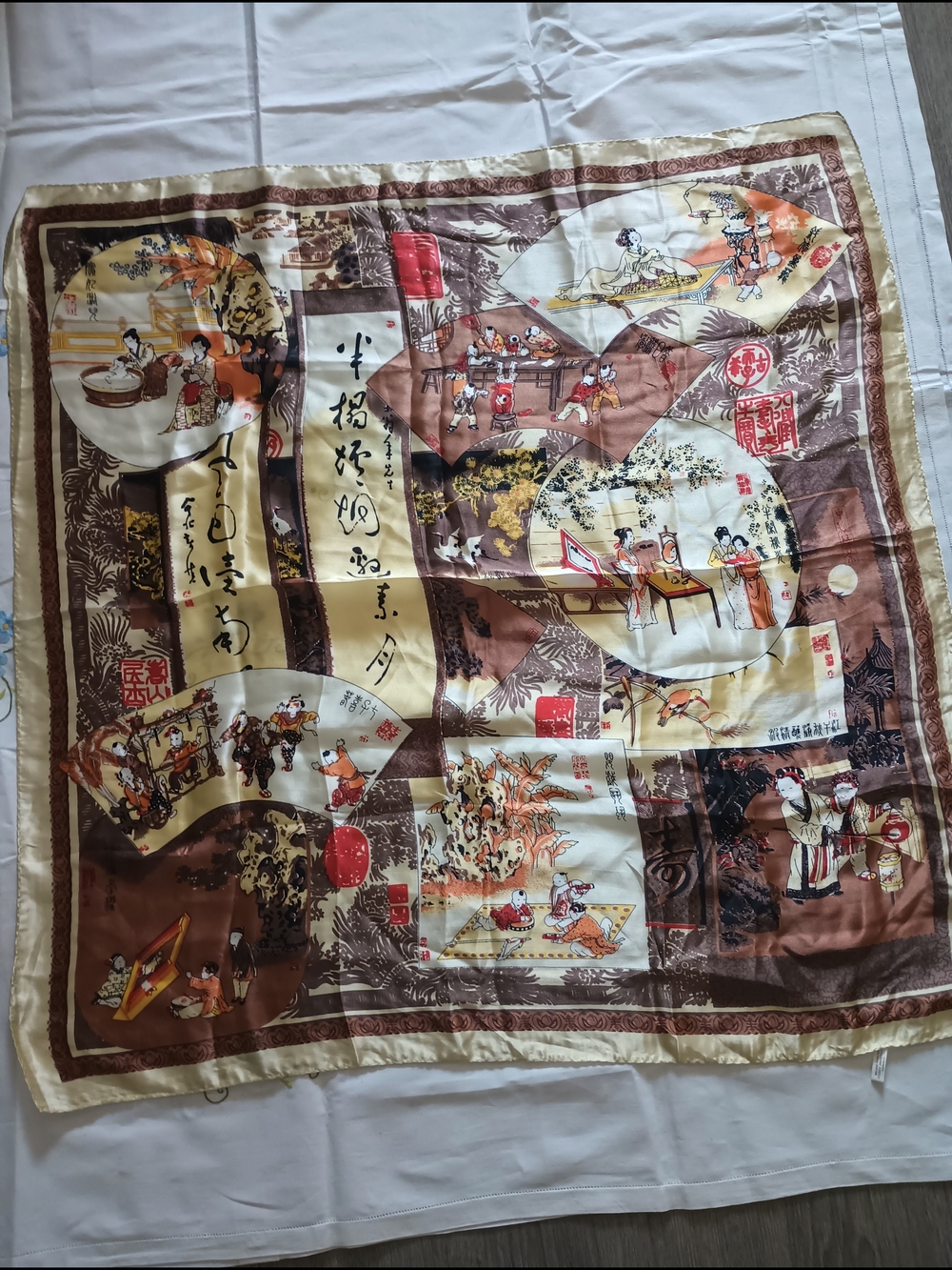 Vintage-style Asian Motif Silk Scarf in Brown & Cream